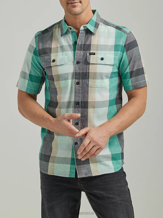 Lee Men Extreme Motion All Purpose Short Sleeve Plaid Button Down Shirt Sea Glass Plaid Clothing 480T900 - Image 1