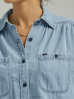 Lee Women Frontier Shirred Button Down Shirt Blue Media Clothing 480T395 - Image 3