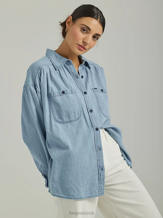 Lee Women Frontier Shirred Button Down Shirt Blue Media Clothing 480T395 - Image 4