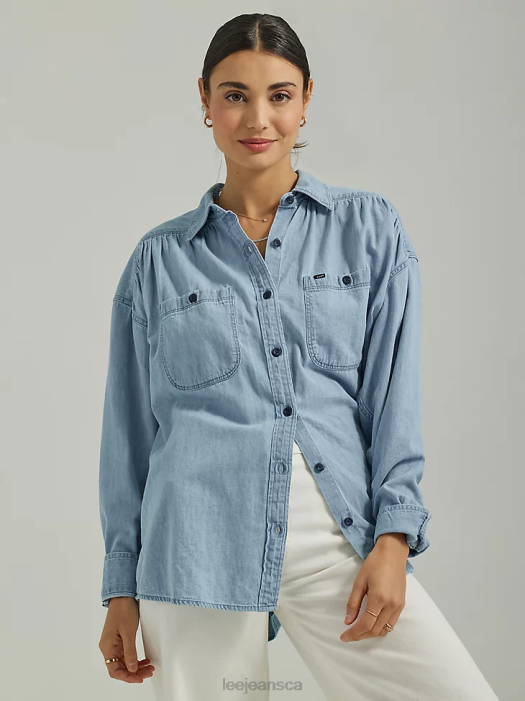 Lee Women Frontier Shirred Button Down Shirt Blue Media Clothing 480T395 - Image 1