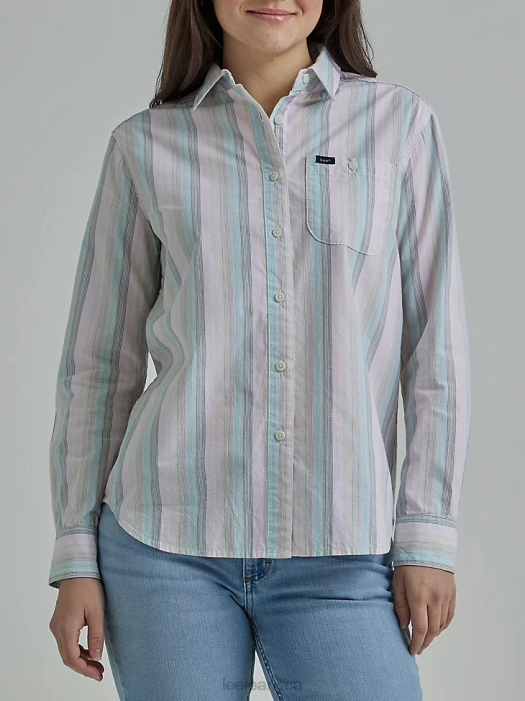 Lee Women Legendary All Purpose Stripe Button Down Shirt Fort Green Stripe Clothing 480T400 - Image 1
