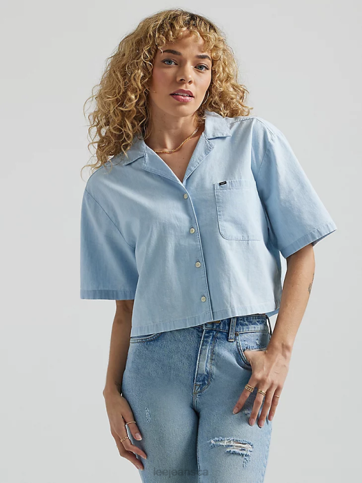 Lee Women Short Sleeve Souvenir Crop Button Down Shirt Through The Rinse Clothing 480T396 - Image 1
